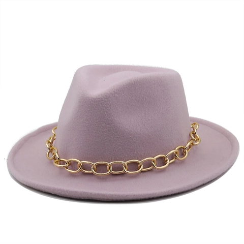 Cappello Fedora Da Donna Tesa Larga In Feltro Di Lana Con Catena In Metallo Dorato Stile Jazz Vintage Elegante Retro