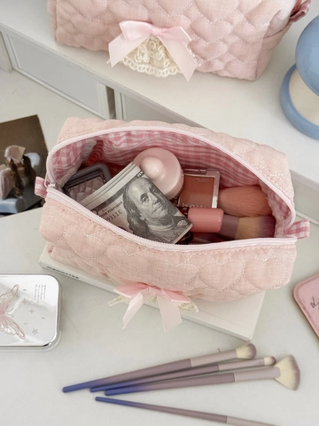 Heart Quilted Cotton Makeup Bag With Ribbon Bow And Lace Trim Pink Sweet Cosmetic Pouch For Women Travel Storage Organizer