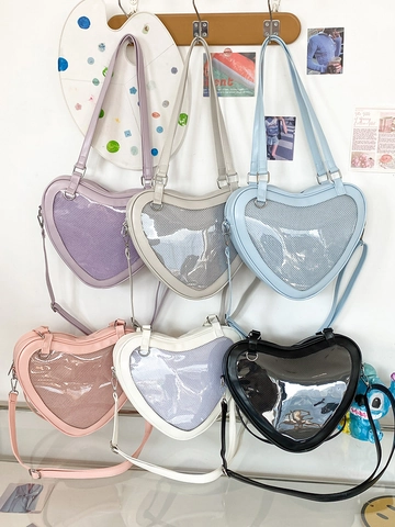 Heart Shaped Ita Bag PU Leather Clear Window Crossbody Shoulder Purse For Girls Lolita JK Style Kawaii Badge Display