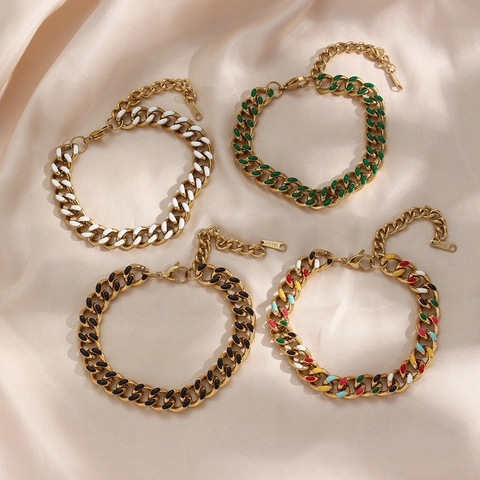 Pulsera de Eslabones Cubanos Gruesos de Acero Inoxidable Dorado para Mujer Punk Hip Hop Con Esmalte Colorido Joyería