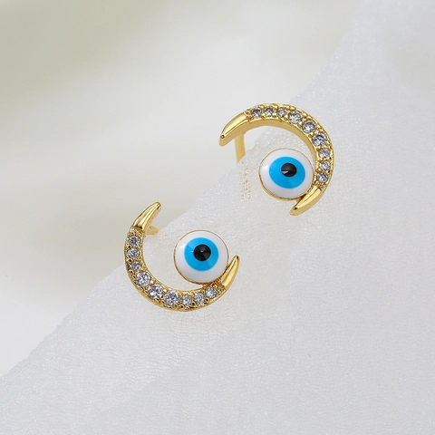 Evil Eye Stud Earrings Gold Plated Brass Zircon Enamel Crescent Moon Bowknot Geometric Personalized Jewelry For Women