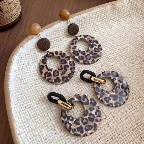 Retro Leopard Print Hoop Earrings With 925 Sterling Silver Earring Post Acrylic Resin Wood Maillard Style Jewelry For Women