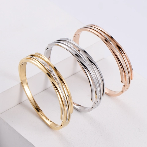 Multi Layer Bangle Bracelet 316 Stainless Steel Paved Cubic Zirconia Striped Overlapping Lines Modern Jewelry For Women