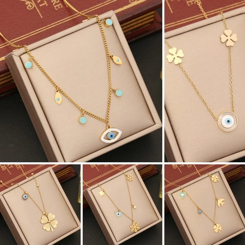 Stainless Steel Necklace Evil Eye Clover Star Heart Charms Drip Oil Enamel Pendant Chic Jewelry For Women
