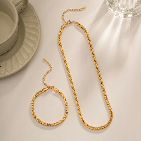 Collana E Bracciale In Acciaio Inossidabile Placcato Oro 18K Catena Intrecciata Tessuta Gioielli Geometrici Minimalisti Donna