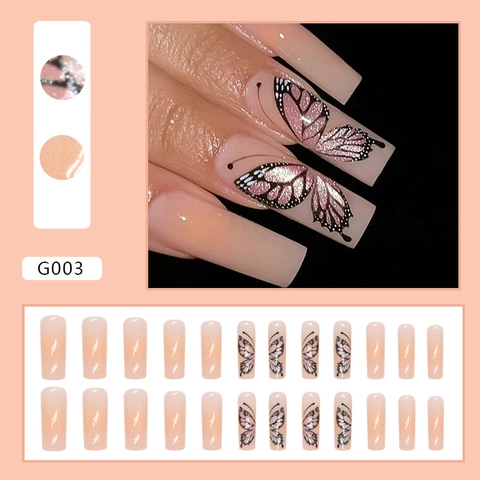 Uñas Postizas Largas Estilo Ataúd Press On Ombré Rosa Degradado Patrón Mariposa Dulce Uñas Artificiales Para Mujeres Acabado Brillante