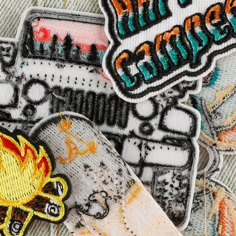 Embroidered Patches Iron On Outdoor Camping Theme Happy Camper Mountain Off-Road Vehicle DIY Clothing Decoration