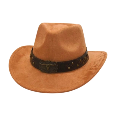 Western Cowboy Hat Polyester Felt Vintage Steer Skull Buckle Faux Leather Band Rivets Wide Brim Sun Hat Outdoor Unisex