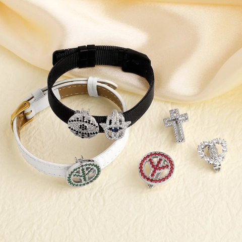Mesh Stainless Steel And Leather Bracelet With Zircon Cross Evil Eye Hamsa Peace Sign Charms Fashion Religious Jewelry Unisex