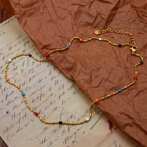 Collana con Perline Colorate in Acciaio Inossidabile e Smalto per Donna Catena Minimalista a Clavicola Gioielli alla Moda