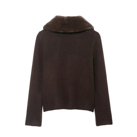 Women European Style Faux Fur Collar Knit Jacket Loose Solid Color Long Sleeve Cardigan With Embossed Gold Buttons Coat