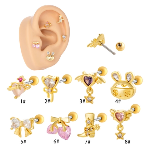 Heart Bow Star Bunny Cartilage Stud Earrings Copper Cubic Zirconia With Stainless Steel Earring Post Screw Back Piercing
