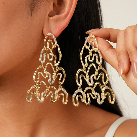 Alloy Rhinestone Irregular Geometric Twisted Wave Drop Earrings With Silver Earring Post Modern Artistic Jewelry Women