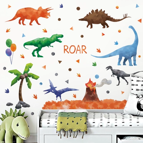 Stickers Muraux Dinosaures Aquarelle Pour Chambre D'Enfant Garçon PVC Autocollant Empreinte D'Animal Palmier Volcan