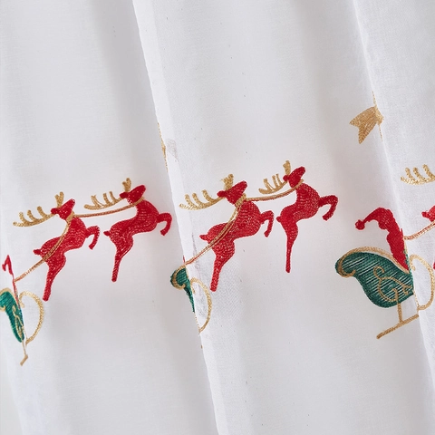 Christmas Door Curtain Embroidered Reindeer Sleigh Gingerbread House Sheer Tulle Holiday Home Decor White