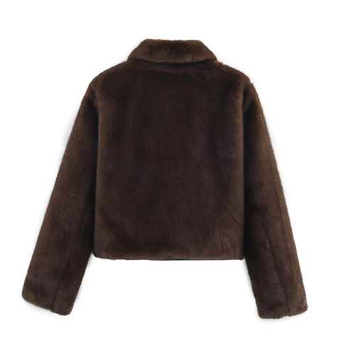 Chaqueta Corta De Pelo Sintético Para Mujer Cuello Solapa Botones Ocultos Color Sólido Casual Elegante Cálida Marrón