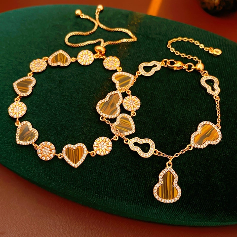 Elegant 18K Gold Plated Copper Bracelet With Heart Gourd Tiger Eye Stone And Zircon Adjustable Slider Clasp For Women