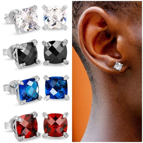 Hip Hop Square Cubic Zirconia Stud Earrings For Men Copper Gold Plated Bling Jewelry