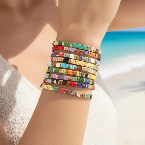 Boho Tila Bead Bracelet For Women Multilayer Stackable Colorful Enamel Lacquer Geometric Elastic Summer Beach Jewelry