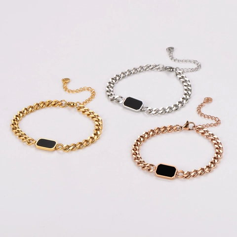 Pulsera De Cadena Cubana De Acero Inoxidable Con Incrustación De Esmalte Rectangular Negro Joyería Punk Retro Para Mujer