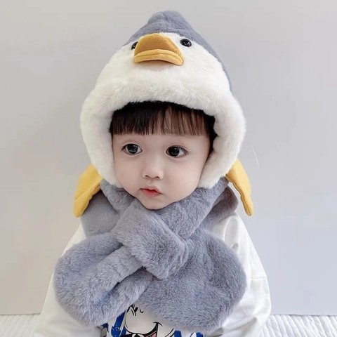 Gorro Bufanda con Capucha para Niños Pequeños Pingüino Pato Astas Invierno Cálido Felpa Gorra con Orejeras