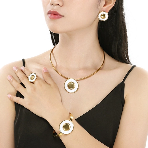 Geometrische Ronde Sieradenset Roestvrij Staal Emaille Ketting Armband Ring Oorbellen Mode Dames Sieraden
