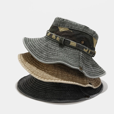 Outdoor Camouflage Bucket Hat Washed Cotton Wide Brim Sun Protection Windproof Rope Adjustable Boonie Fishing Travel For Men Women