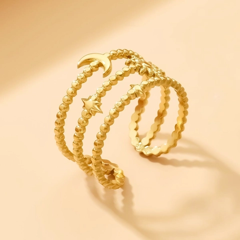 Anello Aperto in Acciaio Inossidabile Sole Luna Stella per Donna Vintage Multistrato Regolabile con Perline Gioielli Regalo