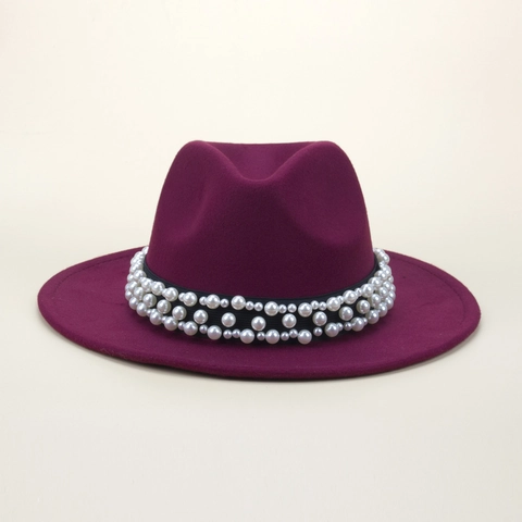 Damen Wollfilz Fedora Hut Künstliche Perlen Verzierte Band Vintage Jazz Stil Eleganter Breiter Flacher Rand Retro Kappe Accessoire