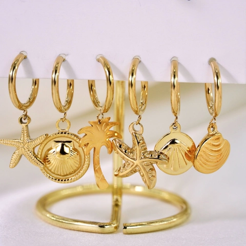Ocean Theme Hoop Earrings With Charms 14K Gold Plated Stainless Steel Sea Shell Starfish Turtle Minimalist For Women