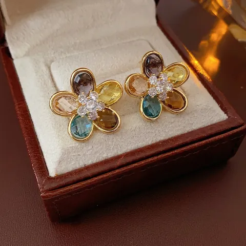 Flower Stud Earrings Colorful Glass Zircon Gold Plated Alloy With Silver Earring Post Elegant Vintage Style For Women