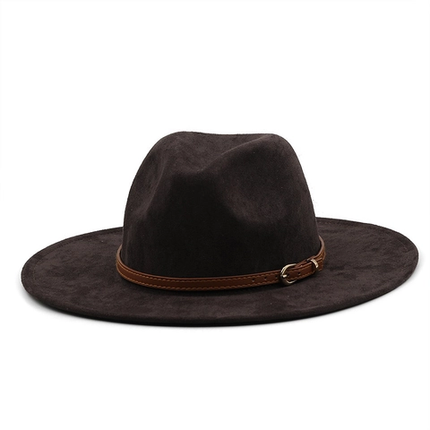Retro Western Cowboy Fedora Hat Wide Brim Suede Wool Felt Leather Belt Buckle Sun Protection Outdoor Casual
