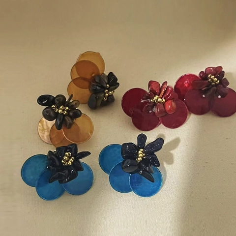 Flower Stud Earrings With 925 Sterling Silver Earring Post Shell Resin Tiger Eye Stone Retro Bohemian Style For Women