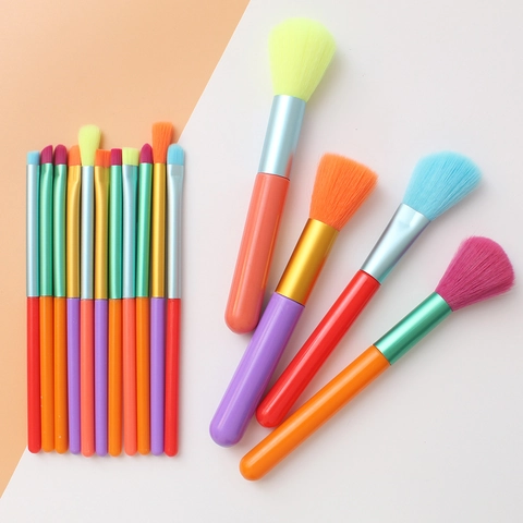 Make Up Kwasten Kleurrijk Regenboog Synthetische Vezel Handvat Kunststof Aluminium Buis Cosmetische Tools Met Holografische Tas