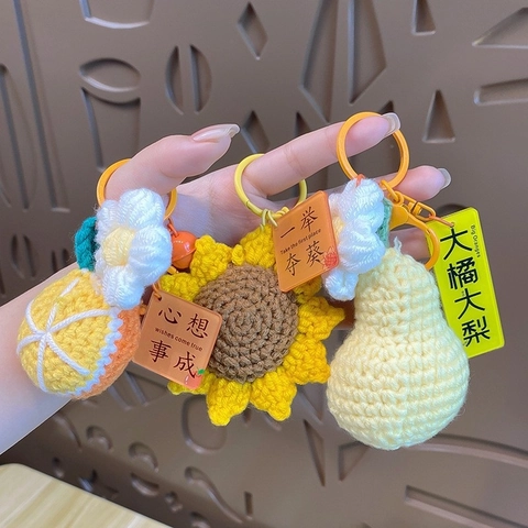 Portachiavi All Uncinetto Fatto A Mano Ciondolo Per Borsa Bouquet Di Fiori Frutta Con Girasole E Fragola