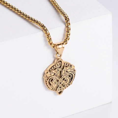 Collana Pendente Rotondo Doppio Dragone Vichingo Nodo Celtico Acciaio Inossidabile 316L Placcato Oro 18K Gioielli Punk Vintage