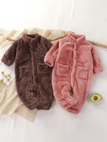Baby Fleece Long Sleeve Romper Winter Warm Flannel Jumpsuit For Newborn Infant Solid Color Home Outdoor Wear Bodysuit