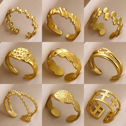 Gold Plated Stainless Steel Rings Adjustable Open Geometric Cross Sun Flower Textured Hammered Minimalist Jewelry Women
