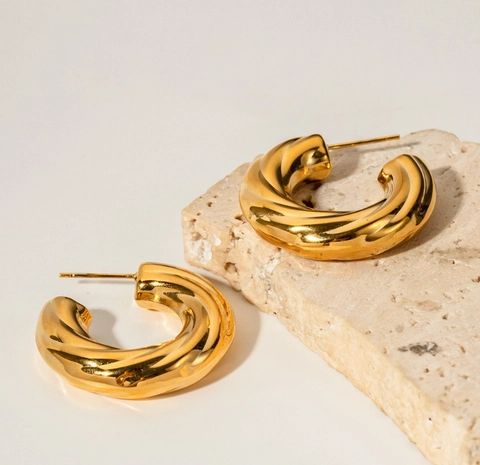 Orecchini A Cerchio A C Intrecciati Placcati Oro 18K Acciaio Al Titanio 316L Nervati Spessi Cavi Tondi Per Donna
