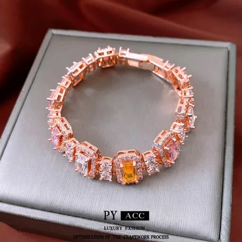 Luxury Rose Gold Copper Bracelet Colorful Rectangular Zirconia Halo Setting French Palace Vintage Jewelry For Women
