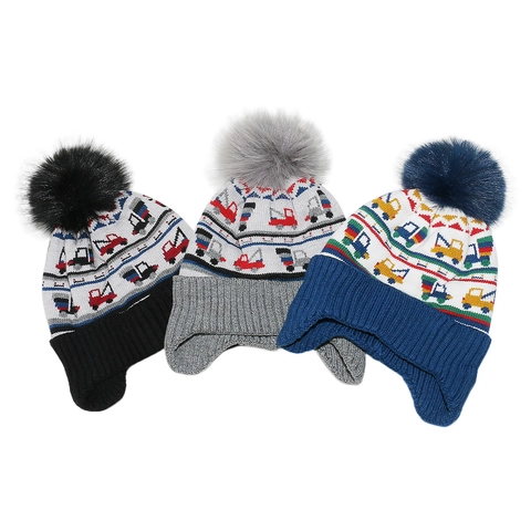 Kids Knitted Earflap Hat Acrylic Warm Winter Construction Vehicle Jacquard Pattern Pom Pom