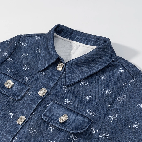 Women Denim Blue Bow Print Mini Dress With Rhinestone Buttons Turn-Down Collar Short Sleeve Casual Fashion Dress
