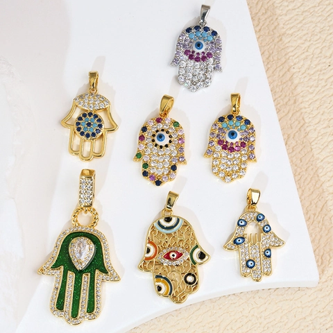 Hamsa Hand Böser Blick Anhänger Kupfer Messing Mit Bunten Zirkonia Und Emaille Vintage Ethno Charme Für DIY Schmuck