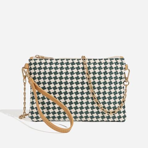 Checkerboard Woven Crossbody Bag For Women Small Shoulder Handbag With PU Leather Wristlet And Metal Chain Strap Beach Style