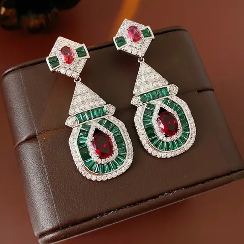 Boucles D'Oreilles Pendantes Géométriques Vintage Avec Zircon Rouge Vert Base En Cuivre Et Tige En Argent Bijoux Femme