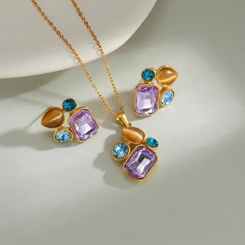 Stainless Steel Jewelry Colorful Zircon Rectangle Purple Stone Necklace And Stud Earrings For Women 14K Gold Plated