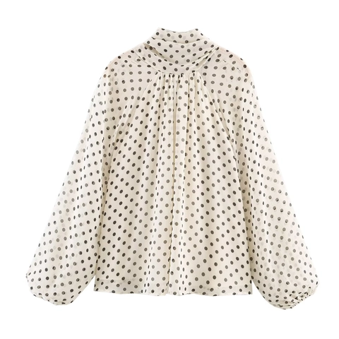 Women Retro Polka Dot Chiffon Blouse Elegant Long Lantern Sleeve Pussy Bow Tie Neck Shirt Lightweight Casual Top For Office