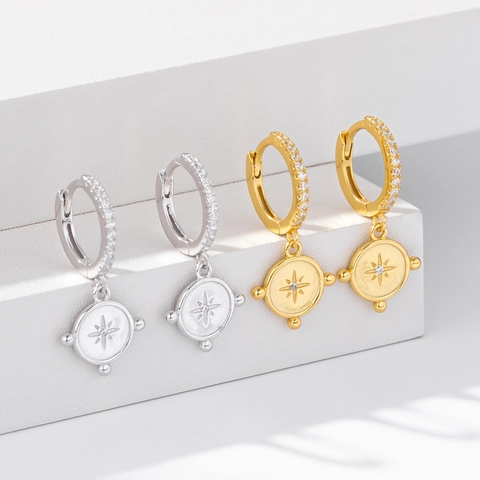 Octagonal Star North Star Compass Pendant Dangle Hoop Earrings 925 Sterling Silver Cubic Zirconia Minimalist Elegant Jewelry