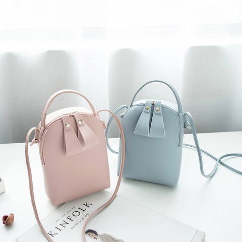 Mini Sac Bandoulière Pour Femmes Cuir PU Pochette Téléphone Petit Sac À Main Avec Double Fermeture Éclair Et Décor De Noeud