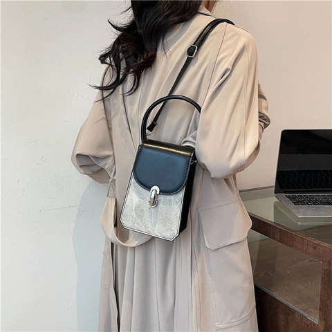Damen Farbblock PU Leder Kleine Quadratische Umhängetasche Mode Street Trendy Mini Schultertasche Runder Griff Metallo Schloss Handytasche